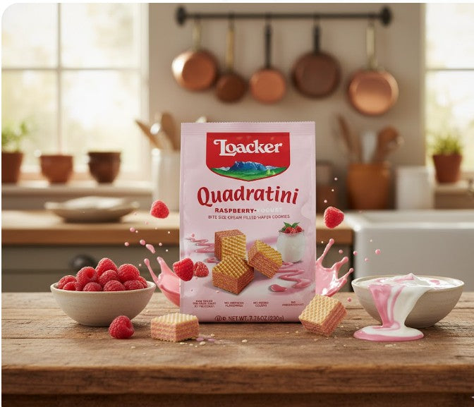 Loacker Quadratini Raspberry Yogurt Creme-Filled Wafer Cookies 220 g