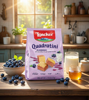 Loacker Quadratini Wafer Bites Blueberry Yogurt 220 g — authentic snack from Italy | Hamilton Euromarket