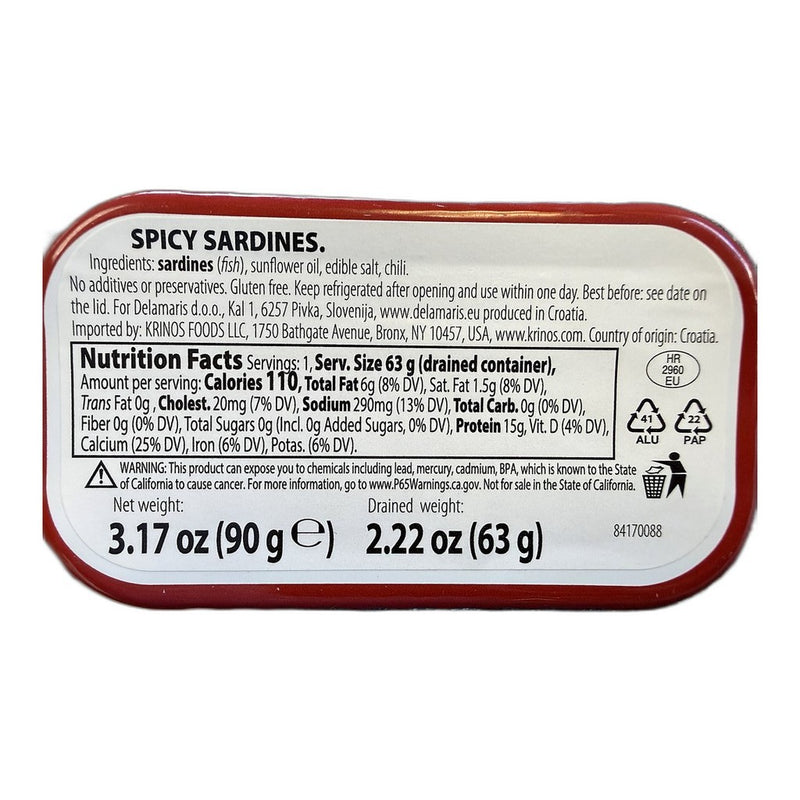 Delamaris Spicy Sardines in Sunflower Oil, Slovenian 90g (3.2oz) | HE gallery 3838929414663 #2