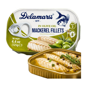 Delamaris Mackerel Fillets in Olive Oil, Slovenian Canned Fish 125g (4.4oz)