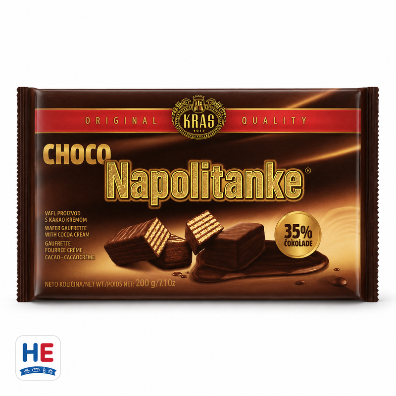 Kras Napolitanke Chocolate Cream Wafers 400g — Croatian Kraš century-old wafer biscuits in cardboard box
