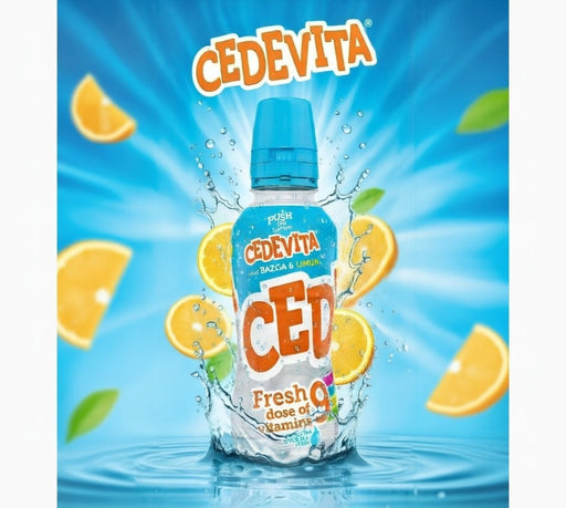Cedevita bottle with lemon slices on a blue background