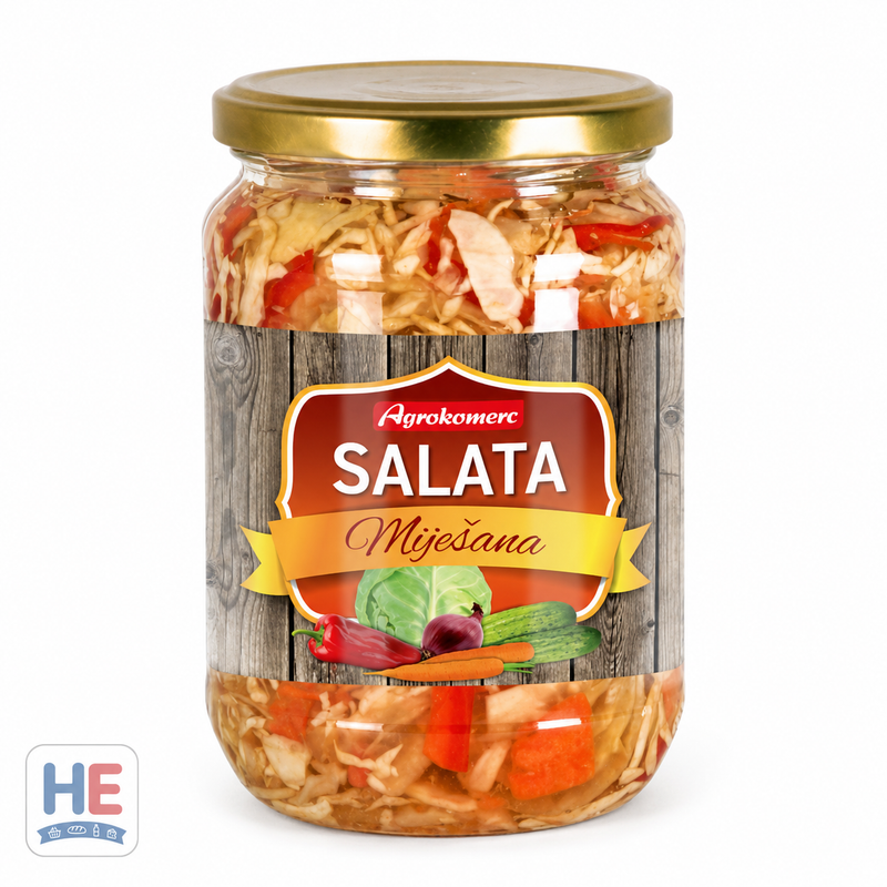 Agrokomerc Miješana Salata mixed pickled vegetables 1550g — Bosnian glass jar with cabbage, carrots, cauliflower, peppers, cucumbers