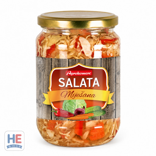 Agrokomerc Miješana Salata mixed pickled vegetables 1550g — Bosnian glass jar with cabbage, carrots, cauliflower, peppers, cucumbers
