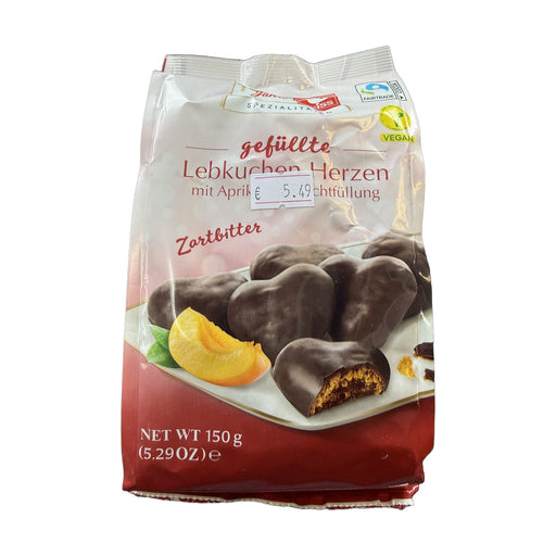 WEISS Spezialitaten Gefullte Lebkuchen Herzen Zartbitter Vegan Aprikosen-Fruchtfullung 150 g | Hamilton Euromarket
