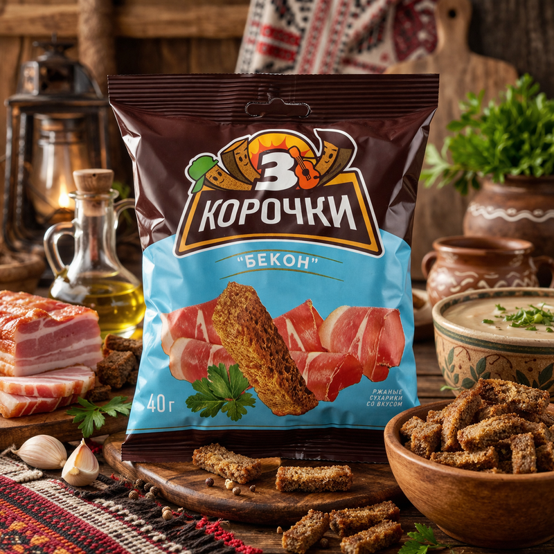 Korochki Rye Croutons Bacon Flavor 40 g — authentic snack from Ukraine | Hamilton Euromarket