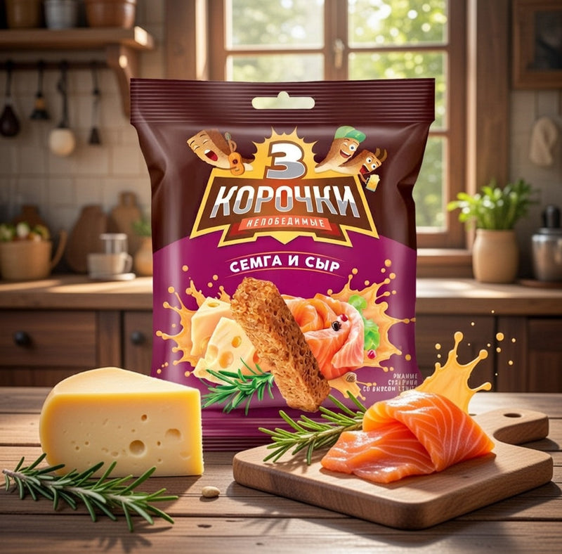 3 Korochki Korochki Rye & Wheat Croutons Salmon & Cheese Flavor 40 g