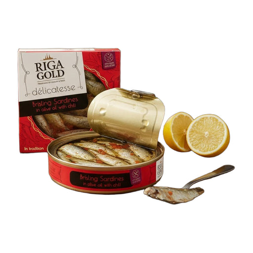 Riga Gold Brisling Sardines in Olive Oil with Chili 120 g | Hamilton Euromarket