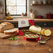 Riga Gold Brisling Sardines in Olive Oil with Chili 120 g — authentic pantry from Latvia | Hamilton Euromarket