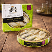 Riga Gold Smoked Brisling Sardines in Olive Oil 120 g — authentic pantry from Latvia | Hamilton Euromarket