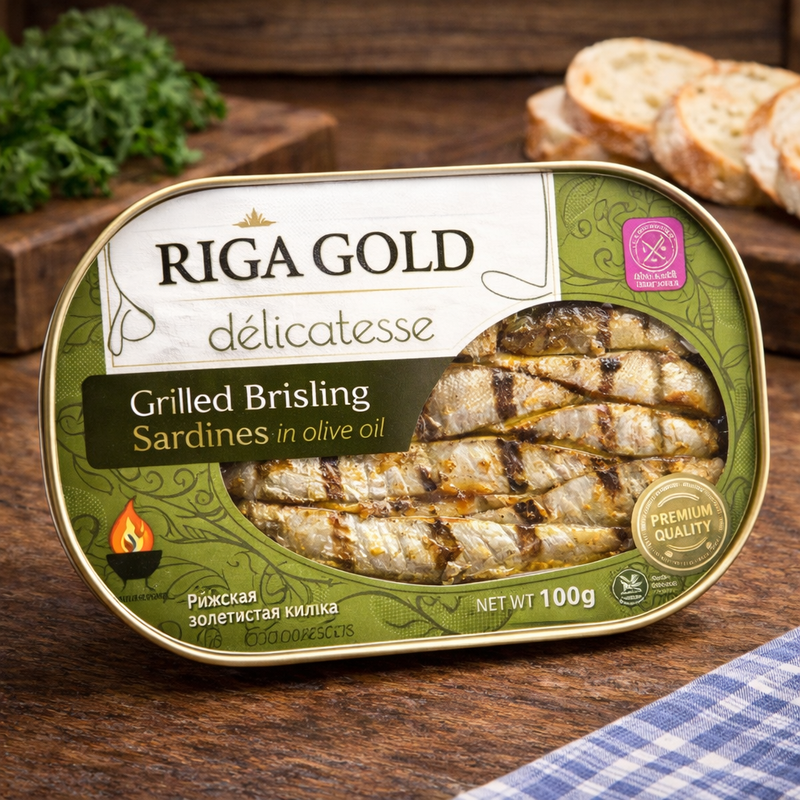 Riga Gold Délicatesse Grilled Brisling Sardines in Olive Oil 100 g
