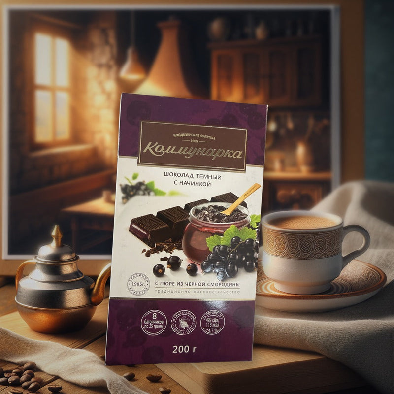 Kommunarka Dark Chocolate With Blackcurrant Puree Filling 200g — authentic snack from Belarus | Hamilton Euromarket