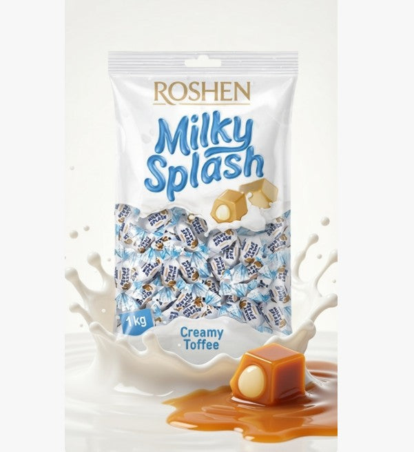 Roshen Milky Splash Creamy Toffee package with milk splash and toffee pieces on a white background