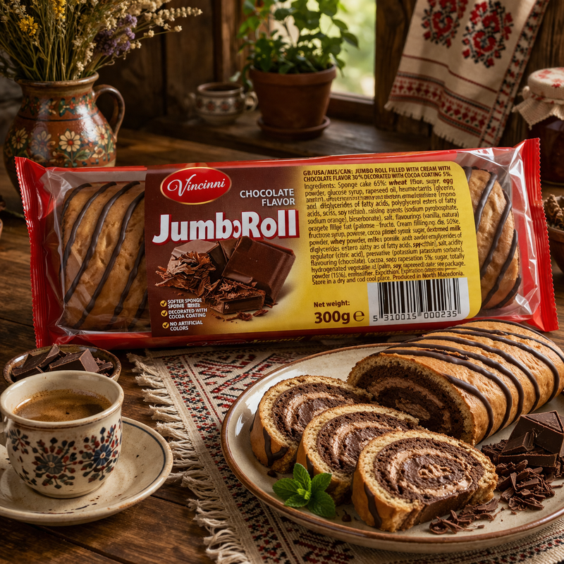 Vincinni Jumbo Roll Chocolate Flavor Cake Roll 300 g — authentic snack from North Macedonia | Hamilton Euromarket