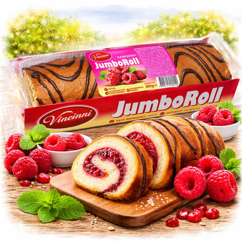 Vincinni Jumbo Roll Raspberry Cake Roll 300 g — authentic snack from North Macedonia | Hamilton Euromarket