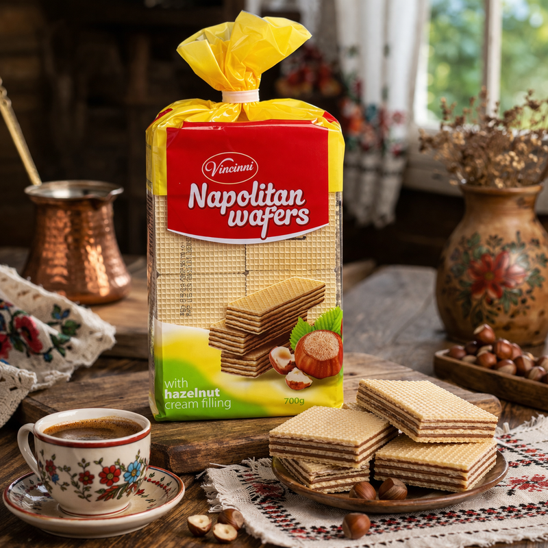 Vincinni Napolitan Hazelnut Wafer Cookies 700 g — authentic snack from North Macedonia | Hamilton Euromarket