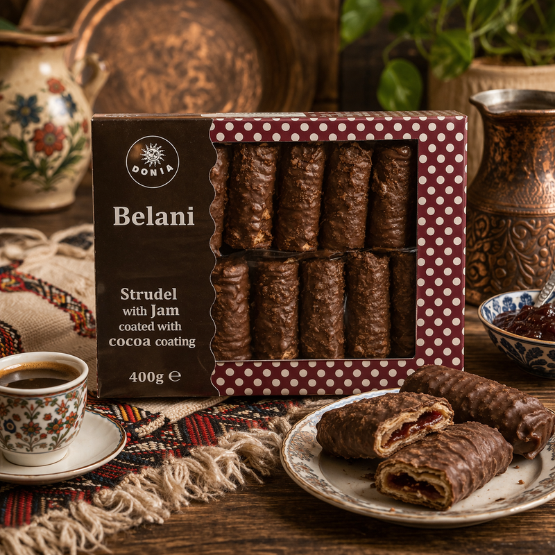 Donia Belani Strudel with Jam Cocoa Coating 400 g — authentic snacks-sweets from North Macedonia | Hamilton Euromarket