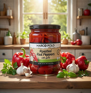 Marco Polo Roasted Red Peppers with Garlic 545 g — authentic pantry from United States | Hamilton Euromarket