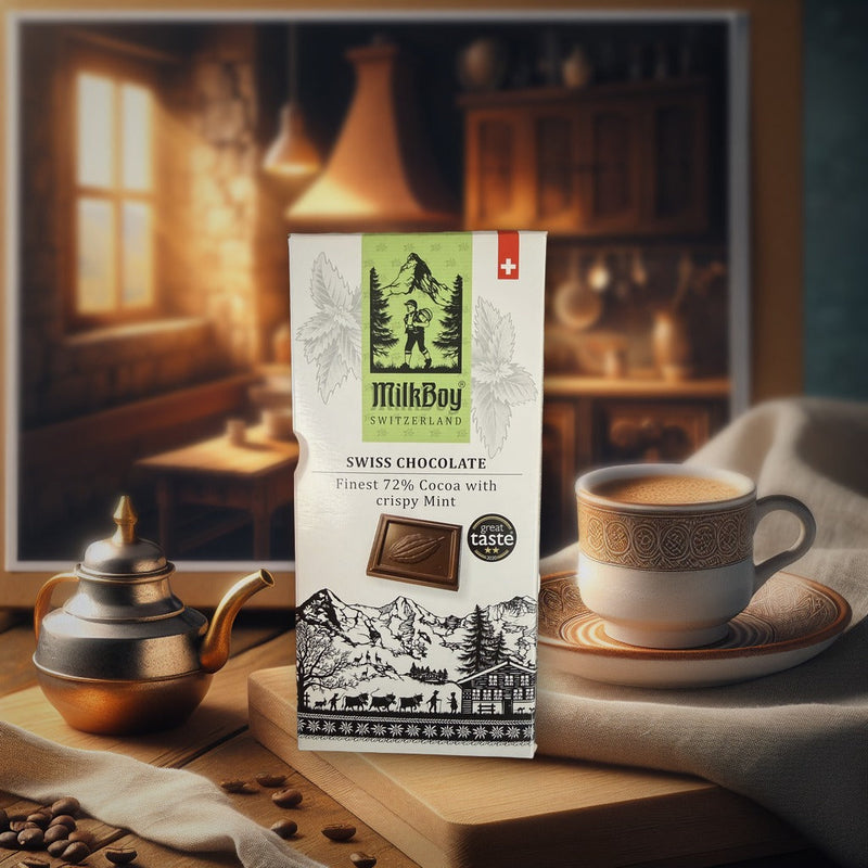 Milkboy Swiss Chocolate Finest 72% Cocoa With Crispy Mint 85 g — authentic snack from Switzerland | Hamilton Euromarket