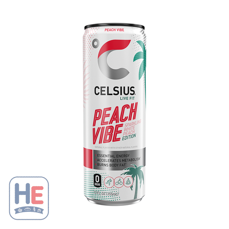 Celsius Peach Vibe Sparkling Energy Drink 355ml (12fl oz) | HE hero 889392010190