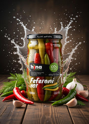 Hina Hot Feferoni Peppers Pickled 720 g — authentic pantry from North Macedonia | Hamilton Euromarket