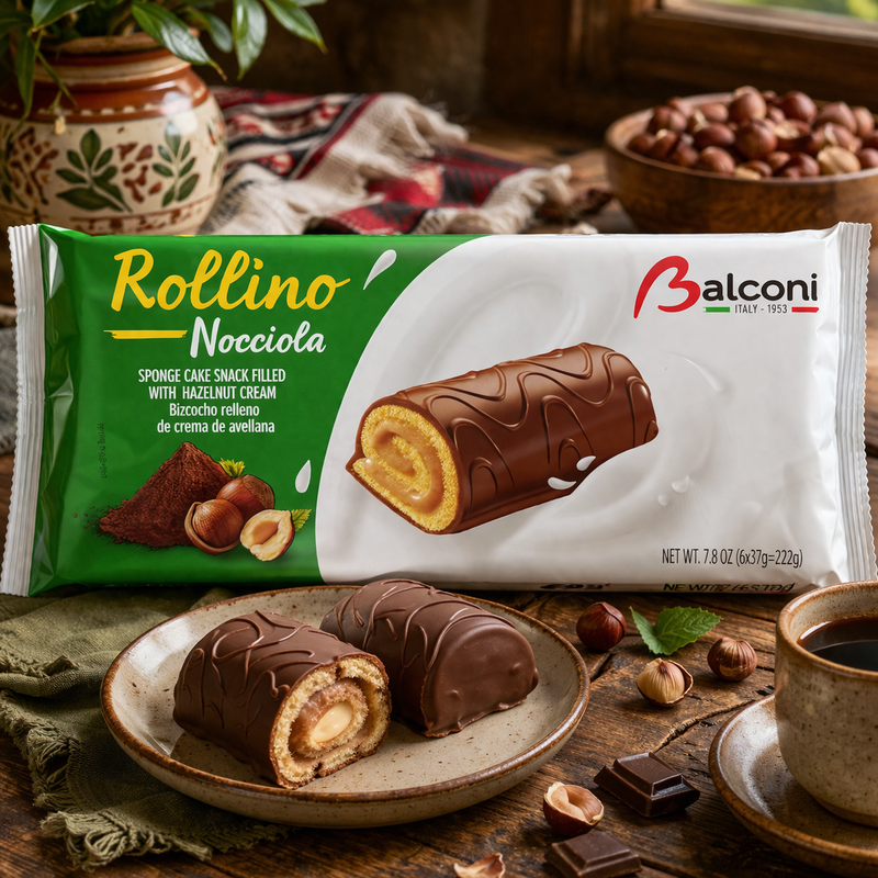 Balconi Rollino Nocciola Sponge Cake Hazelnut Cream 222 g — authentic snacks-sweets product | Hamilton Euromarket