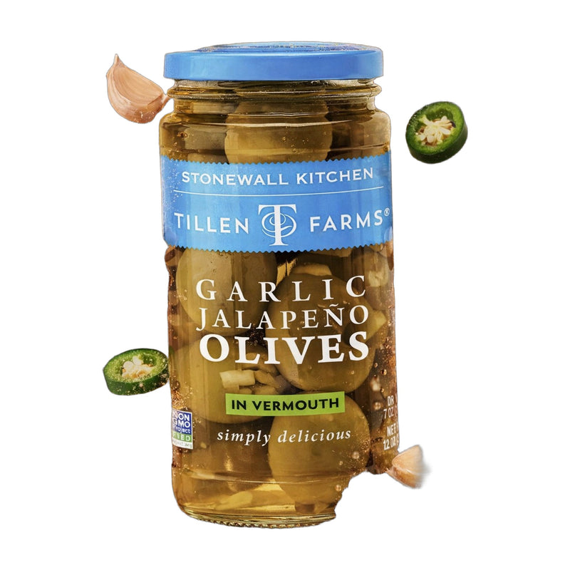 Tillen Farms Garlic Jalapeno Stuffed Olives in Vermouth 340 g | Hamilton Euromarket