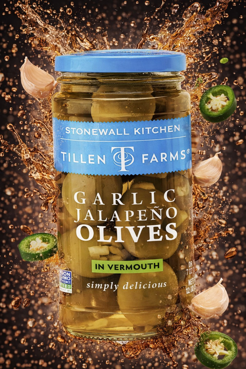 Tillen Farms Garlic Jalapeno Stuffed Olives in Vermouth 340 g