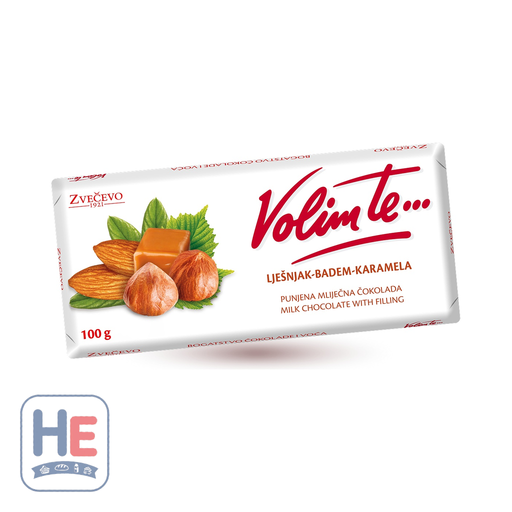 Zvečevo Volim Te Milk Chocolate with Hazelnut-Almond-Caramel Filling 100g (3.5 oz) | HE hero 3858881065215