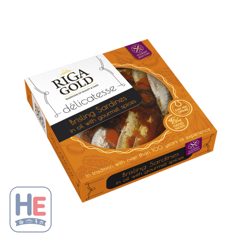 RIGA GOLD Brisling Sardines in Olive Oil with Gourmet Spices 120g (4.2oz) | HE hero 4750265001057